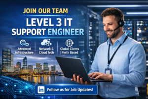 Level 3 IT Support Engineer job ad with Perth skyline, server room background, and IT professional using a laptop, inviting candidates to apply and follow on LinkedIn